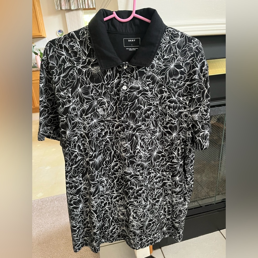 DKNY Floral Black/White Short Sleeve Polo Shirt Mens Size Large